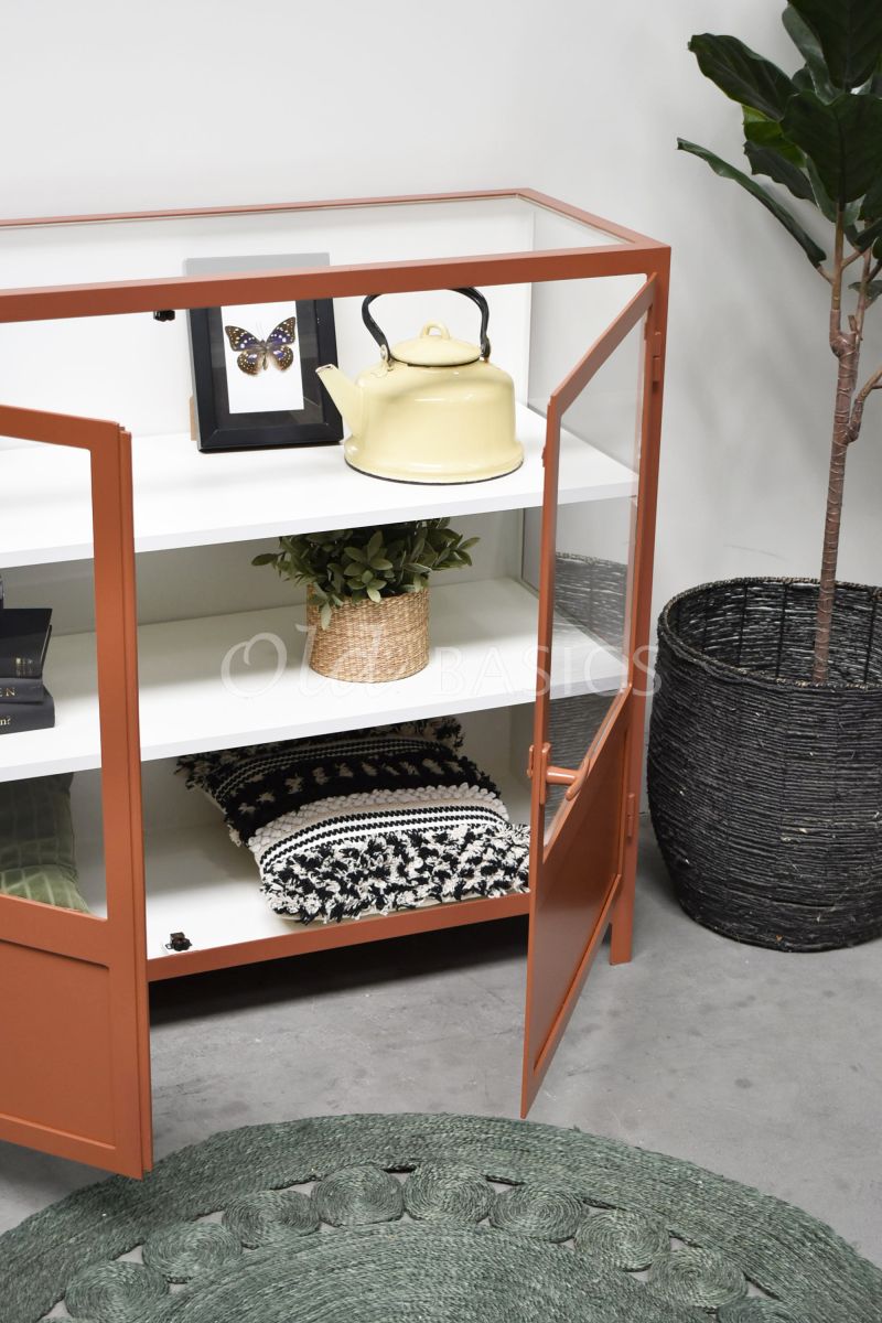 Detail van Apothekerskast Vitrine, 2 deuren, RAL8004, terra, rood, oranje, bruin, materiaal staal